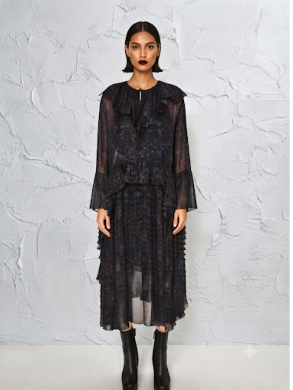 ZARA DISCO FOREST WOMAN STUDIO COLLECTION Floral Chiffon Ruffle Tiered Dress